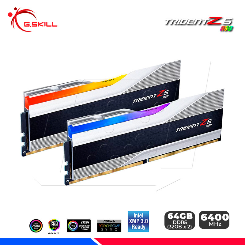 MEM. RAM G.SKILL TRIDENT Z5 RGB SILVER, 64GB (32x2) DDR5 6400 MHZ, CL32 MEM. RAM G.SKILL TRIDENT Z5 RGB SILVER, 64GB (32x2) DDR5 6400 MHZ, CL32