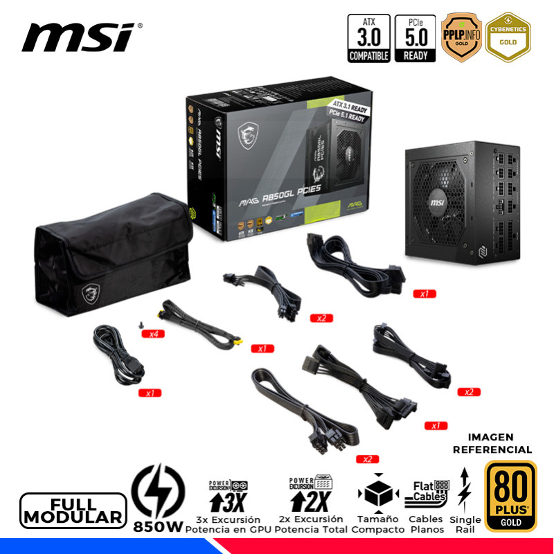 FUENTE DE PODER MAG A850GL PCIE5, 80 PLUS GOLD FULL MODULAR, 850W FUENTE DE PODER MAG A850GL PCIE5, 80 PLUS GOLD FULL MODULAR, 850W