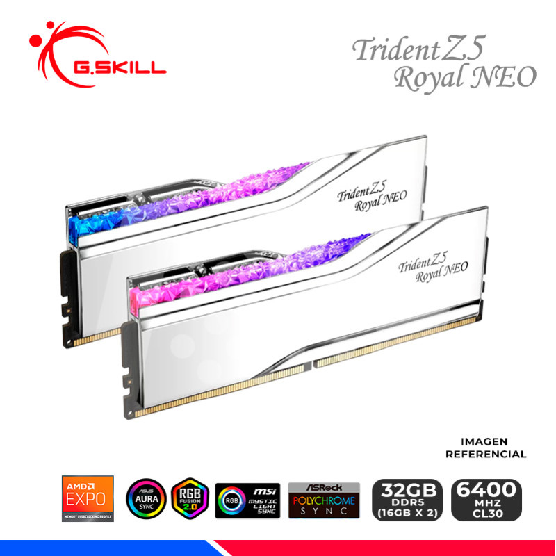 MEM. RAM G.SKILL TRIDENT Z5 ROYAL NEO SILVER AMD EXPO, 32GB (16x2) DDR5 6400 MHZ, CL30 MEM. RAM G.SKILL TRIDENT Z5 ROYAL NEO SILVER AMD EXPO, 32GB (16x2) DDR5 6400 MHZ, CL30