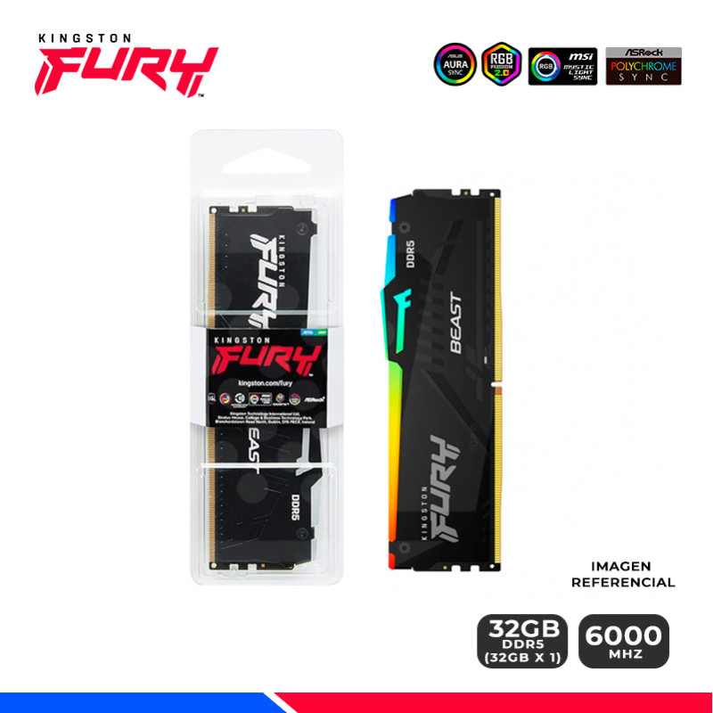 MEM. RAM KINGSTON FURY BEAST RGB, 32GB DDR5 6000 MHZ, CL30 MEM. RAM KINGSTON FURY BEAST RGB, 32GB DDR5 6000 MHZ, CL30