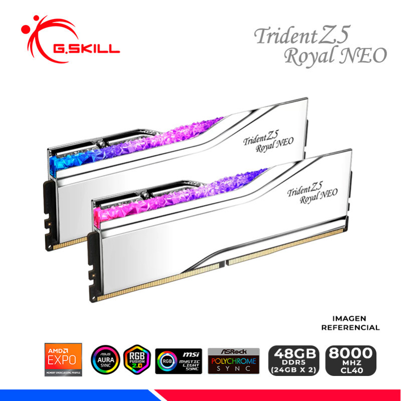 MEM. RAM G.SKILL TRIDENT Z5 ROYAL NEO AMD, 48GB (16x2) DDR5 8000 MHz, CL40 MEM. RAM G.SKILL TRIDENT Z5 ROYAL NEO AMD, 48GB (16x2) DDR5 8000 MHz, CL40