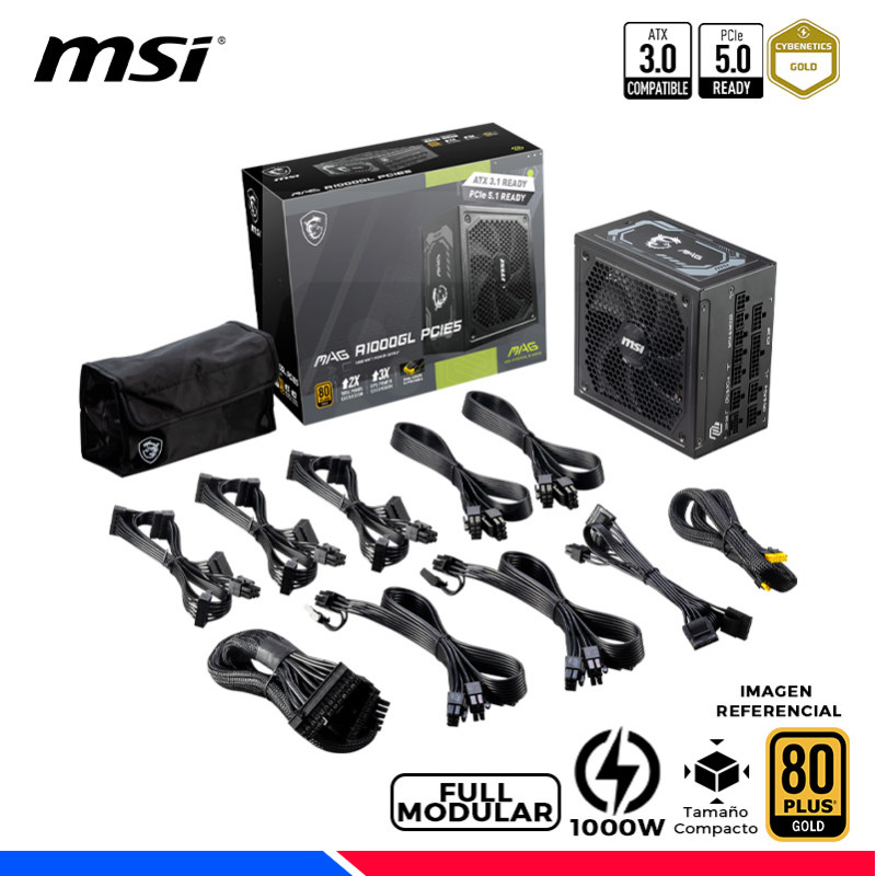 FUENTE DE PODER MSI MAG A1000GL PCIE5, 80 PLUS GOLD FULL MODULAR, 1000W FUENTE DE PODER MSI MAG A1000GL PCIE5, 80 PLUS GOLD FULL MODULAR, 1000W
