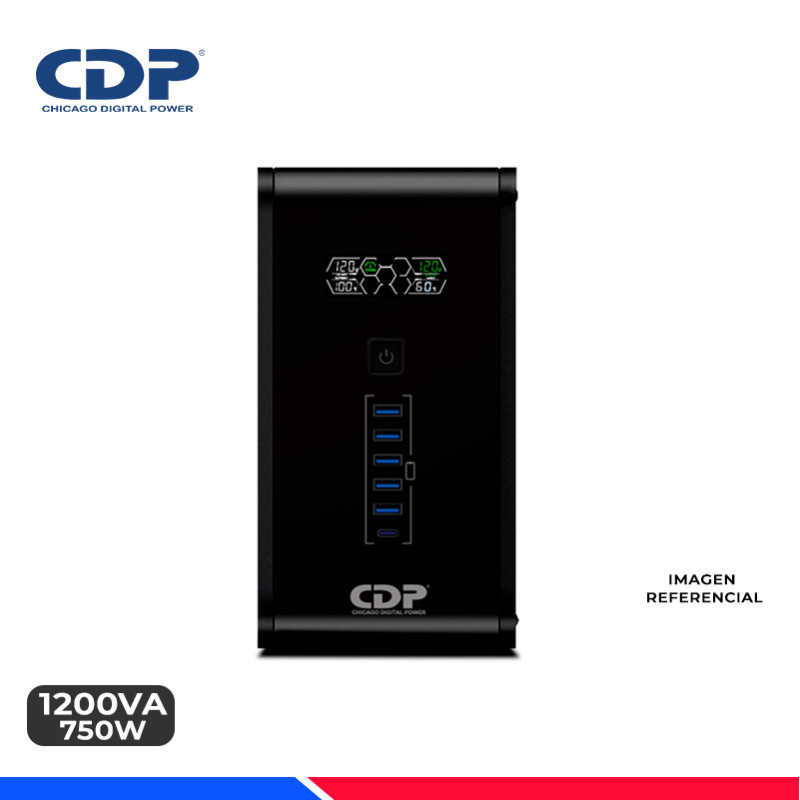 UPS CDP R-SMART1210i, 1200VA/750W, 10 Tomas, 5 USB Tipo-A, 1 USB Tipo-C UPS CDP R-SMART1210i, 1200VA/750W, 10 Tomas, 5 USB Tipo-A, 1 USB Tipo-C