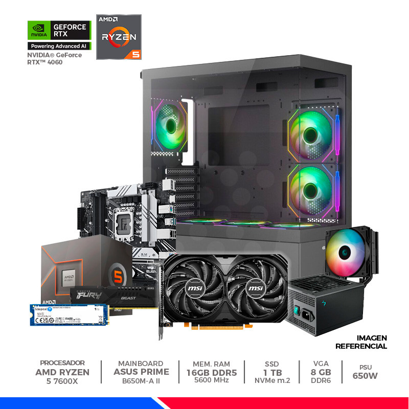 Pc Gaming Plus, Geforce RTX 4060, Amd Ryzen 5 8400F, 16GB, SSD 1TB, CASE ARGB, F/650W Pc Gaming Plus, Geforce RTX 4060, Amd Ryzen 5 8400F, 16GB, SSD 1TB, CASE ARGB, F/650W