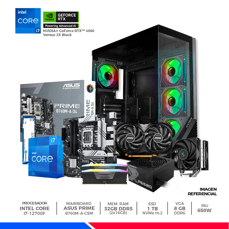 Pc Gaming Plus, Geforce RTX 4060, Intel core i7 12700F, 32GB, SSD 1TB, CASE ARGB, F/650W Pc Gaming Plus, Geforce RTX 4060, Intel core i7 12700F, 32GB, SSD 1TB, CASE ARGB, F/650W