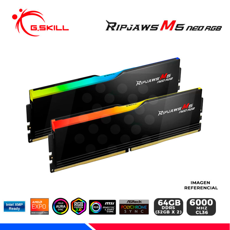 MEM. RAM G.SKILL RIPJAWS M5 NEO, RGB, BLACK, 64GB (32x2) DDR5 6000 MHZ, CL36 MEM. RAM G.SKILL RIPJAWS M5 NEO, RGB, BLACK, 64GB (32x2) DDR5 6000 MHZ, CL36