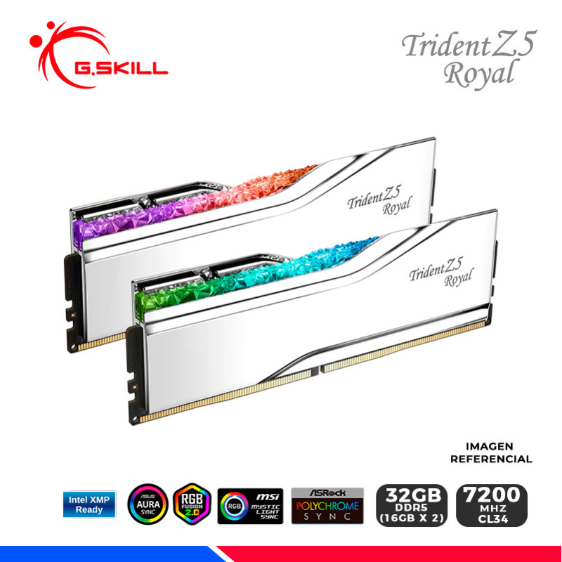 MEM. RAM G.SKILL TRIDENT Z5 ROYAL, SILVER, RGB, 32GB (16x2) DDR5 7200 MHZ, CL34 MEM. RAM G.SKILL TRIDENT Z5 ROYAL, SILVER, RGB, 32GB (16x2) DDR5 7200 MHZ, CL34