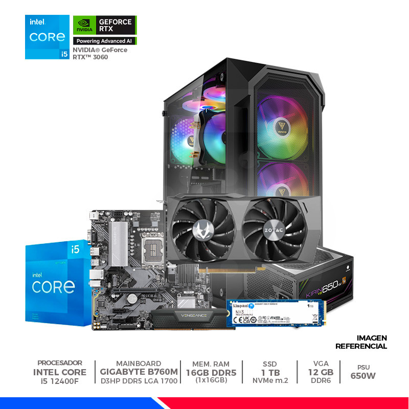 Pc Gaming Plus: Intel Core i5-12400F, 16GB DDR4, SSD 1TB, RTX 3060 12GB, F/650W, CASE RGB Pc Gaming Plus: Intel Core i5-12400F, 16GB DDR4, SSD 1TB, RTX 3060 12GB, F/650W, CASE RGB