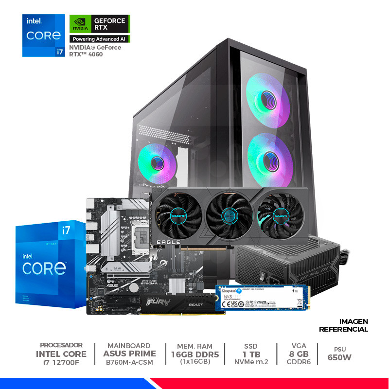 Pc Gaming Plus: Intel Core i7-12700F, 16GB DDR5, SSD 1TB, RTX 4060 12GB, F/650W, CASE ARGB Pc Gaming Plus: Intel Core i7-12700F, 16GB DDR5, SSD 1TB, RTX 4060 12GB, F/650W, CASE ARGB