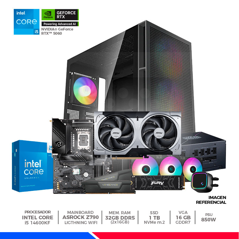 Pc Gaming Plus: Intel Core i5-14600KF, 32GB DDR5, SSD 1TB, RTX 5060 Ti 16GB, F/850W, CASE ARGB Pc Gaming Plus: Intel Core i5-14600KF, 32GB DDR5, SSD 1TB, RTX 5060 Ti 16GB, F/850W, CASE ARGB