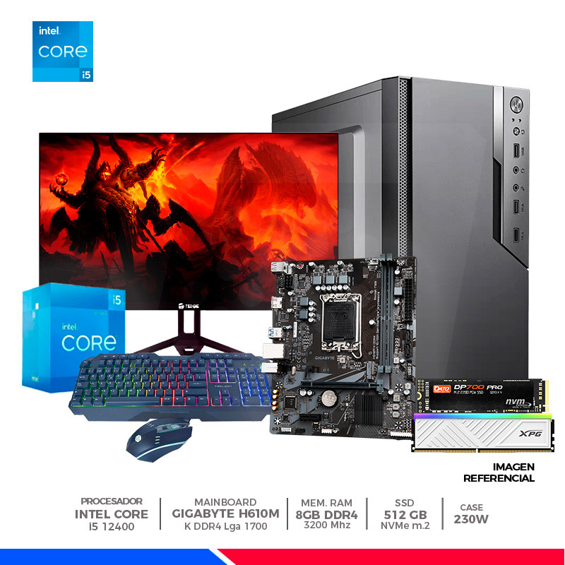Pc Basic Plus: Intel core i5-12400, 8GB DDR4, SSD 512GB, CASE C/FUENTE 230W, MONITOR 24", KIT Pc Basic Plus: Intel core i5-12400, 8GB DDR4, SSD 512GB, CASE C/FUENTE 230W, MONITOR 24", KIT