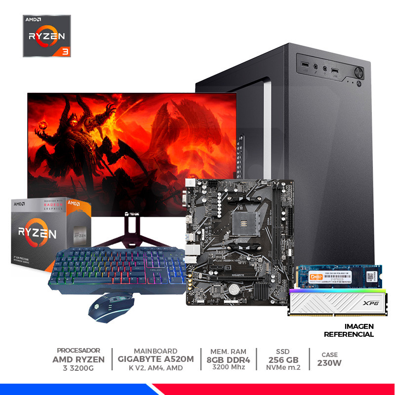Pc Basic Plus: AMD Ryzen 3 3200G, 8GB DDR4, SSD 256GB, CASE C/FUENTE 230W, MONITOR 24", KIT Pc Basic Plus: AMD Ryzen 3 3200G, 8GB DDR4, SSD 256GB, CASE C/FUENTE 230W, MONITOR 24", KIT