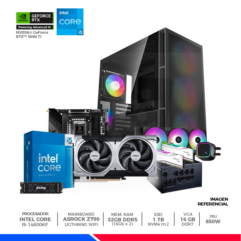Pc Gaming Plus: Intel Core i5-14600KF, 32GB DDR5 RGB, SSD 1TB, RTX 5060 Ti 16GB, F/850W, CASE Pc Gaming Plus: Intel Core i5-14600KF, 32GB DDR5 RGB, SSD 1TB, RTX 5060 Ti 16GB, F/850W, CASE