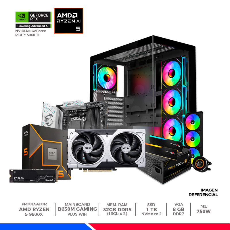 Pc Gaming Plus: Ryzen 5 9600X, 32GB DDR5, SSD 1TB, RTX 5060 Ti 8GB, F/750W, CASE ARGB Pc Gaming Plus: Ryzen 5 9600X, 32GB DDR5, SSD 1TB, RTX 5060 Ti 8GB, F/750W, CASE ARGB