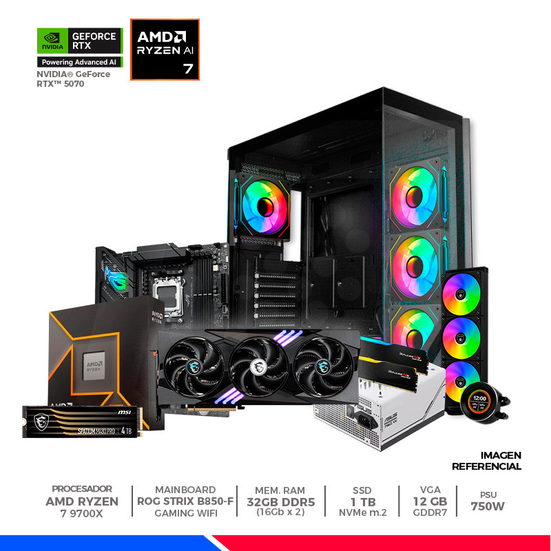 Pc Gaming Plus: Ryzen 7 9700X, 32GB DDR5, SSD 1TB, RTX 5070 12GB, F/750W, CASE ARGB Pc Gaming Plus: Ryzen 7 9700X, 32GB DDR5, SSD 1TB, RTX 5070 12GB, F/750W, CASE ARGB