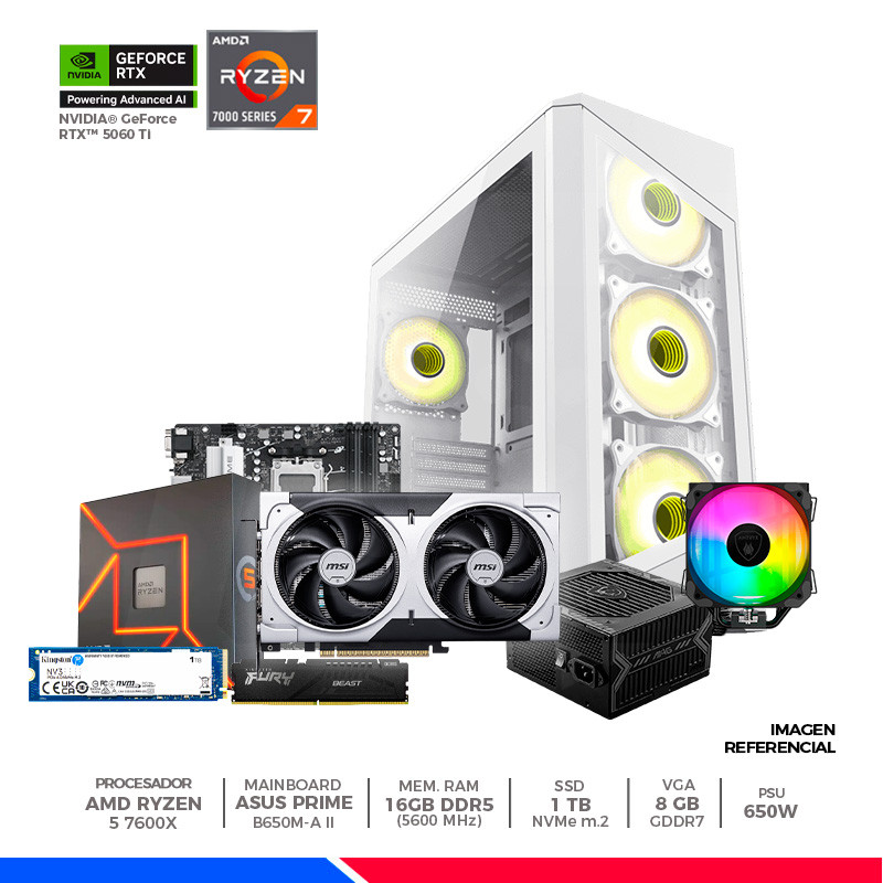 Pc Gaming Plus: Ryzen 5 7600X, 16GB DDR5, SSD 1TB, RTX 5060 Ti 8GB, F/650W, CASE ARGB Pc Gaming Plus: Ryzen 5 7600X, 16GB DDR5, SSD 1TB, RTX 5060 Ti 8GB, F/650W, CASE ARGB