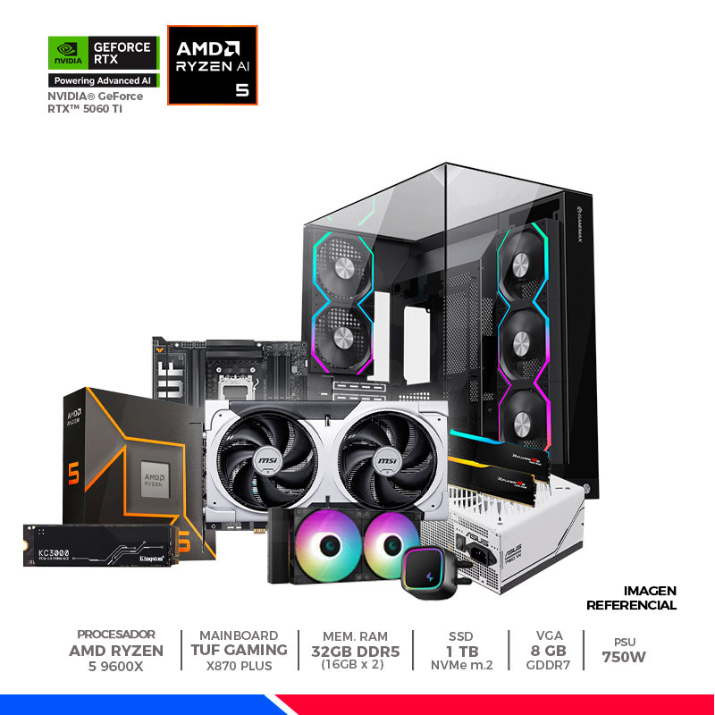 Pc Gaming Plus: Ryzen 5 9600X, 32GB DDR5 RGB, SSD 1TB, RTX 5060 Ti 8GB, F/750W, CASE ARGB Pc Gaming Plus: Ryzen 5 9600X, 32GB DDR5 RGB, SSD 1TB, RTX 5060 Ti 8GB, F/750W, CASE ARGB