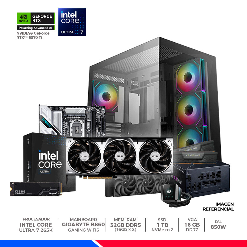 Pc Gaming Plus: Intel core ultra 7 265K, 32GB DDR5, SSD 1TB, RTX 5070 Ti 16GB, F/850W, CASE ARGB Pc Gaming Plus: Intel core ultra 7 265K, 32GB DDR5, SSD 1TB, RTX 5070 Ti 16GB, F/850W, CASE ARGB