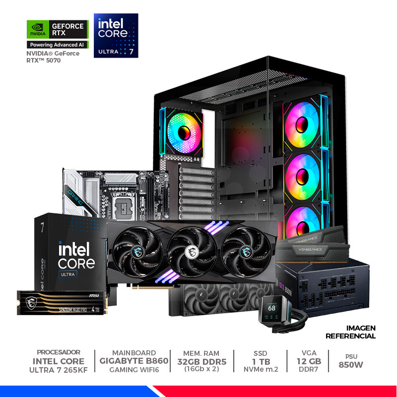 Pc Gaming Plus: Intel core ultra 7 265KF, 32GB DDR5, SSD 1TB, RTX 5070 12GB, F/850W, CASE ARGB Pc Gaming Plus: Intel core ultra 7 265KF, 32GB DDR5, SSD 1TB, RTX 5070 12GB, F/850W, CASE ARGB