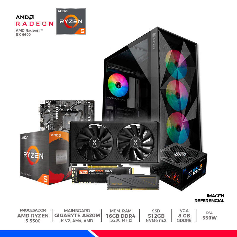 Pc Gaming Plus: Ryzen 5 5500, 16GB DDR4, SSD 512GB, RX 6600 8GB, F/550W, CASE RGB Pc Gaming Plus: Ryzen 5 5500, 16GB DDR4, SSD 512GB, RX 6600 8GB, F/550W, CASE RGB