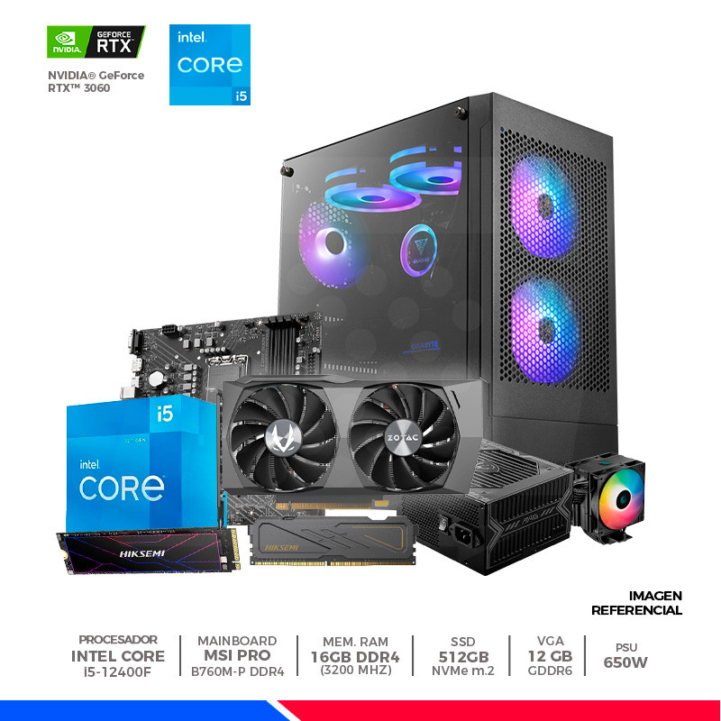 Pc Gaming Plus: Intel core i5 12400F, 16GB DDR4, SSD 512GB, RTX 3060 12GB, F/650W, CASE ARGB Pc Gaming Plus: Intel core i5 12400F, 16GB DDR4, SSD 512GB, RTX 3060 12GB, F/650W, CASE ARGB