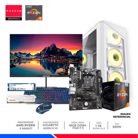 Pc Basic Plus: Ryzen 5 5600GT, 16GB DDR4, SSD 1TB, F/550W, CASE ARGB, MONITOR 23.8", KIT TECLADO Y MOUSE