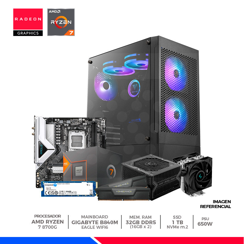 Pc Gaming Plus: Ryzen 7 8700G, 32GB DDR5 RGB, SSD 1TB, F/650W, CASE ARGB Pc Gaming Plus: Ryzen 7 8700G, 32GB DDR5 RGB, SSD 1TB, F/650W, CASE ARGB
