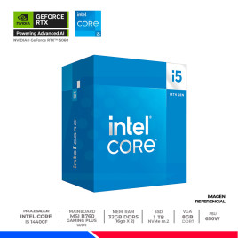Pc Gaming Plus: Intel core i5 14400F, 32GB DDR5, SSD 1TB, RTX 5060 8GB, F/650W, CASE ARGB