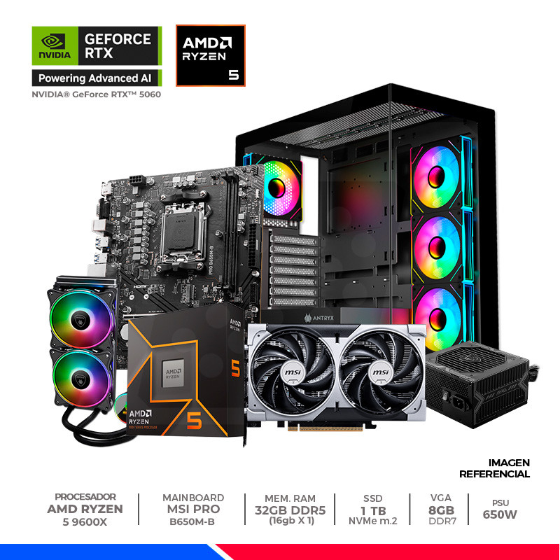Pc Gaming Plus: Ryzen 5 9600X, 32GB DDR5 RGB, SSD 1TB, RTX 5060 8GB, F/650W, CASE ARGB Pc Gaming Plus: Ryzen 5 9600X, 32GB DDR5 RGB, SSD 1TB, RTX 5060 8GB, F/650W, CASE ARGB